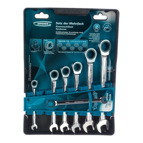 Набор ключей комбинированных GROSS 14890 с трещоткой, 8-19 мм, 7шт.
