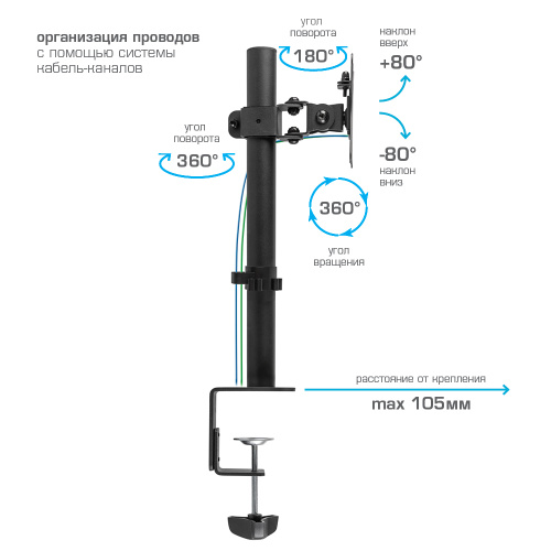 Кронштейн для мониторов Kromax CASPER-505 черный 10"-34" макс.10кг настольный поворот и наклон