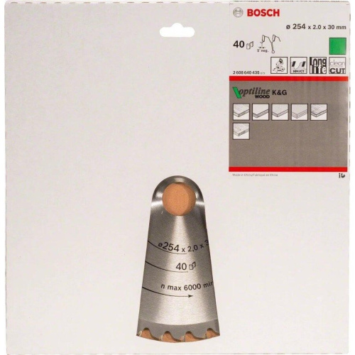 Диск пильный твёрдосплавный BOSCH 2608640443 Optiline по дереву, ДСП d254 х 30мм 40 зубьев