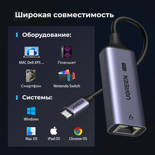 Адаптер UGREEN CM648 (25052) USB-C 3.1 to RJ45 2.5G Ethernet Adapter серый